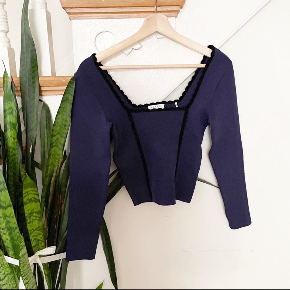 sandro blue elastic blouse with black scalloped 0